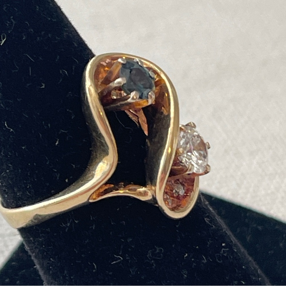 Vintage 14kt Gold European Cut Diamond & Blue Diamond Sz 7.75 Toi Et Moi Ring - Picture 9 of 11